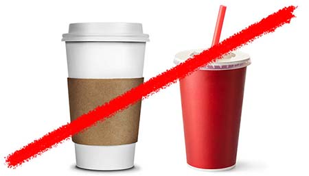 Line striking through paper coffee cup and plastic soda cup